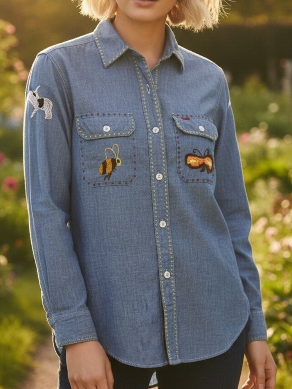 Vintage 70s Chambray Embroidered Shirt OOAK Hippie Folk Art Denim L